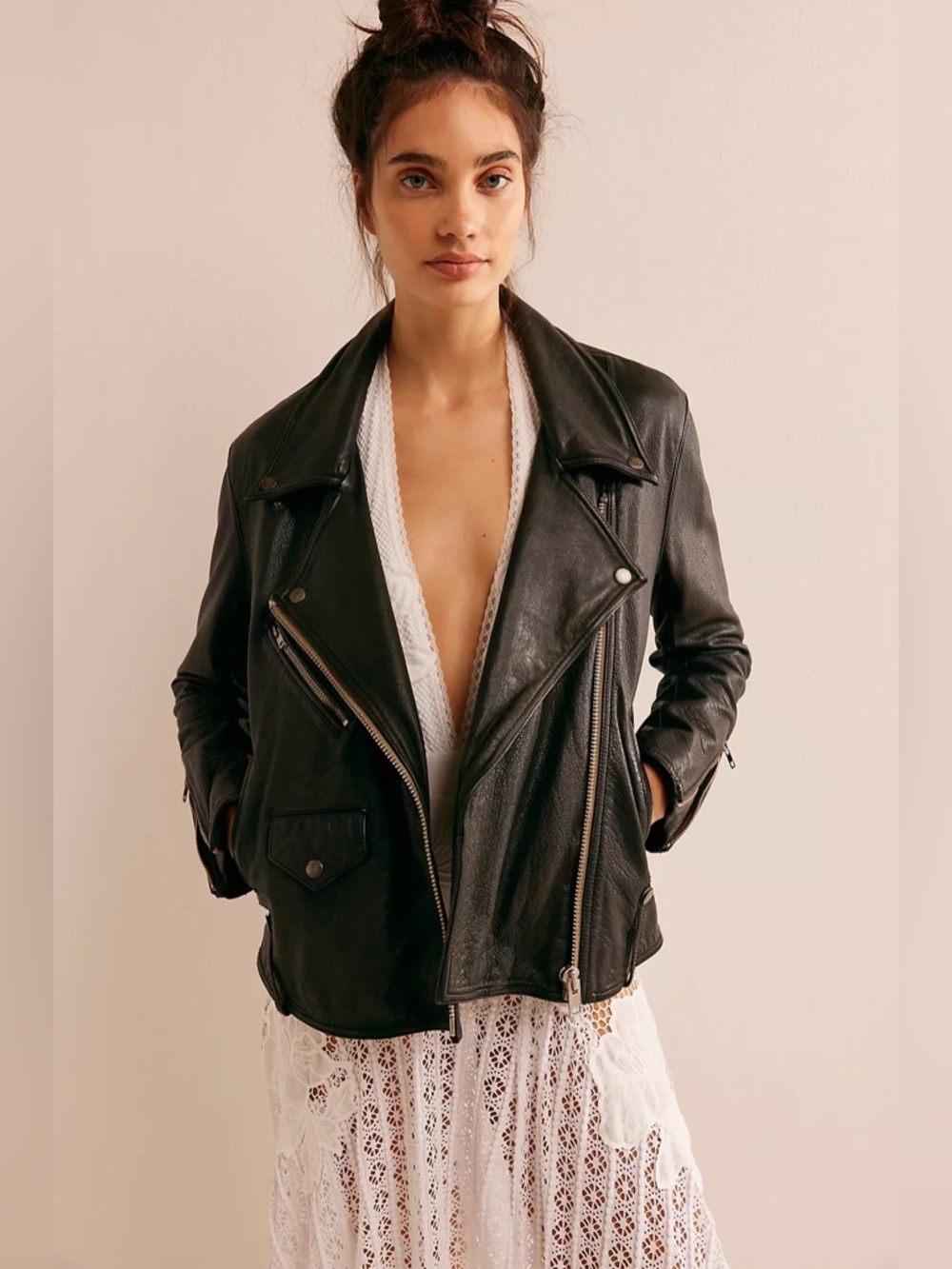Free People We the Free Jealousy Leather Moto Jacket 100% Genuine Cow Leather XS